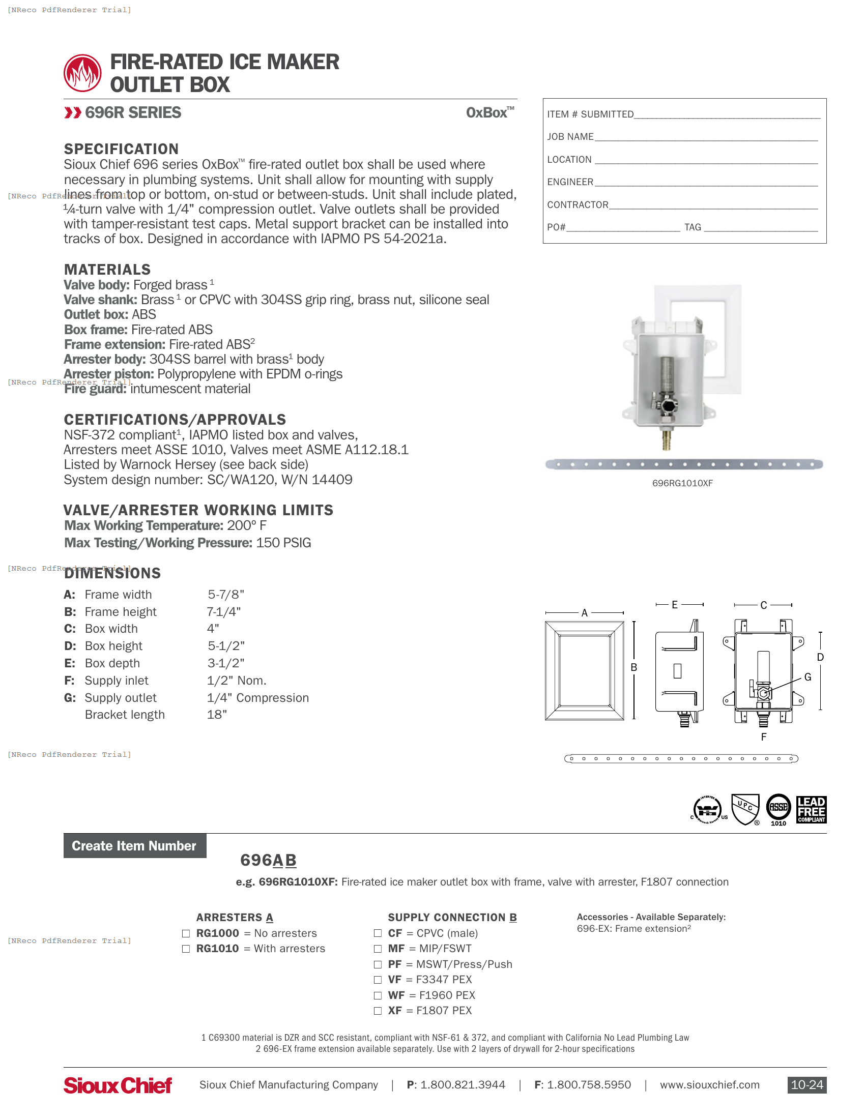 696R SERIES - FIRE-RATED OXBOX ICE MAKER OUTLET BOX - SPEC SHEET.PDF Specification Document